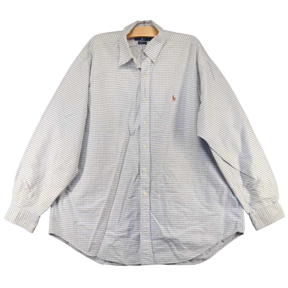 Ralph Lauren Men's Button Front Blake Shirt White Blue 2XL Check Long Sleeve